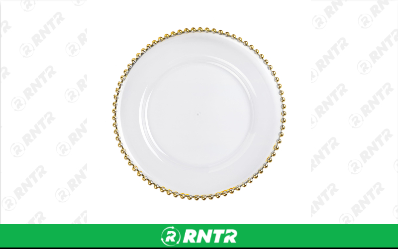 Generic 12 Clear Acrylic Beaded Charger - Gold Beaded Edge – For rent in Hiram, Georgia – Unlimited Party Rental | RNTR.com – Image 1 of 1
