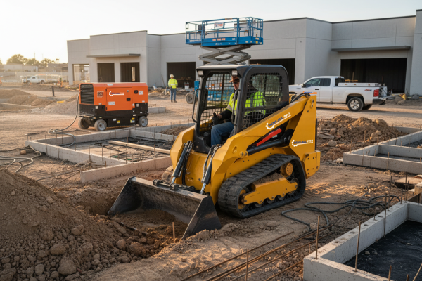 Skid Loader rental and scissor lift rental at a job site | RNTR.com