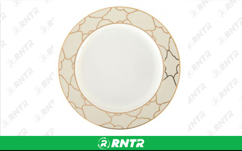 Generic Ivory 10 Dinner Plate w/ Gold Geometric Pattern – For rent in Hiram, Georgia – Unlimited Party Rental | RNTR.com – Image 1 of 1