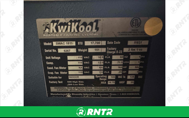 KWIKOOL 1.5 TON PORTABLE AIR COND WATERCOOLED 120 V – For rent in Apache Junction, Arizona – Fastrack AZ | RNTR.com – Image 2 of 4