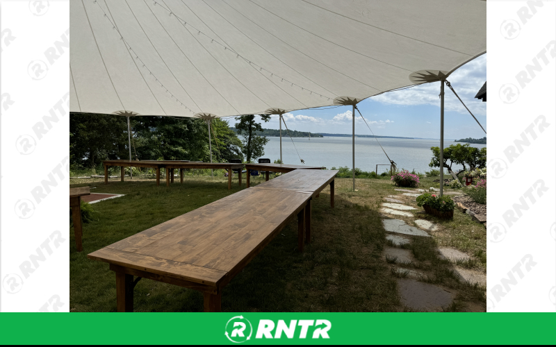 PS Furniture 8' Farm Tables – For rent in lititz, pennsylvania – Tents For Rent LLC | RNTR.com – Image 1