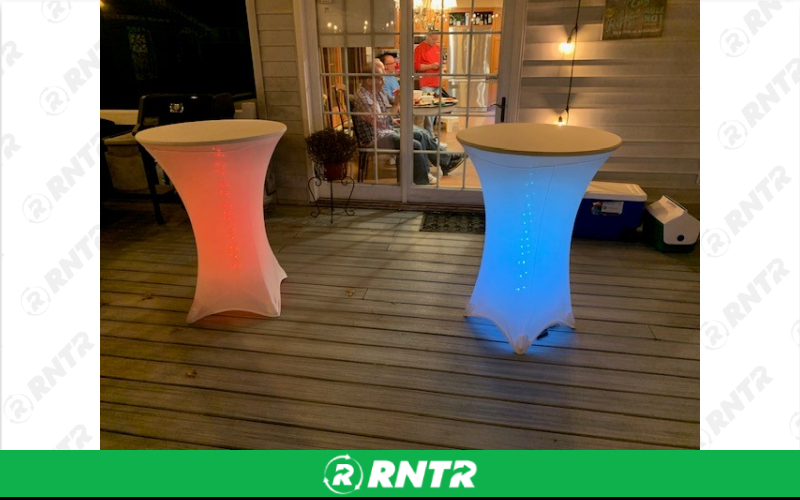 Generic Cocktail Tables with Spandex cover & LED Lights that change – For rent in Howell, New Jersey – Mr. Happy Party Rentals | RNTR.com – Image 2 of 3