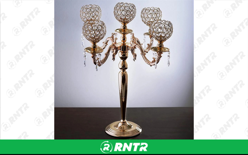 Generic 25 Tall 5 Arm Gold Crystal Beaded Globe Metal Candelabra Candle Holder – For rent in indianapolis, indiana – Ace Party Rental | RNTR.com – Image 1