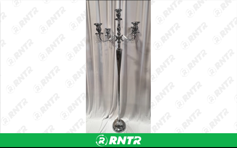 Generic 5' Tall Candelabra w/ Hanging Crystals (Silver) – For rent in indianapolis, indiana – Ace Party Rental | RNTR.com – Image 1