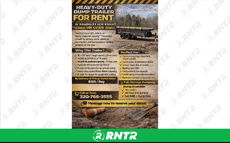 Rawmaxx GDX Knight 16' Dump Trialer – For rent in Alexandria, Minnesota – JD Trailer Rental | RNTR.com – Image 2 of 13