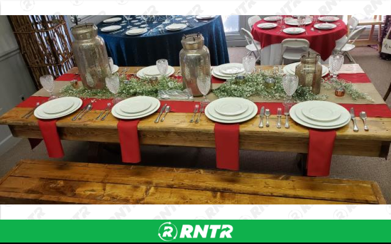 Generic 8' FARMHOUSE TABLE – For rent in Mount Airy, North Carolina – Cooke Rentals MA | RNTR.com – Image 1 of 3