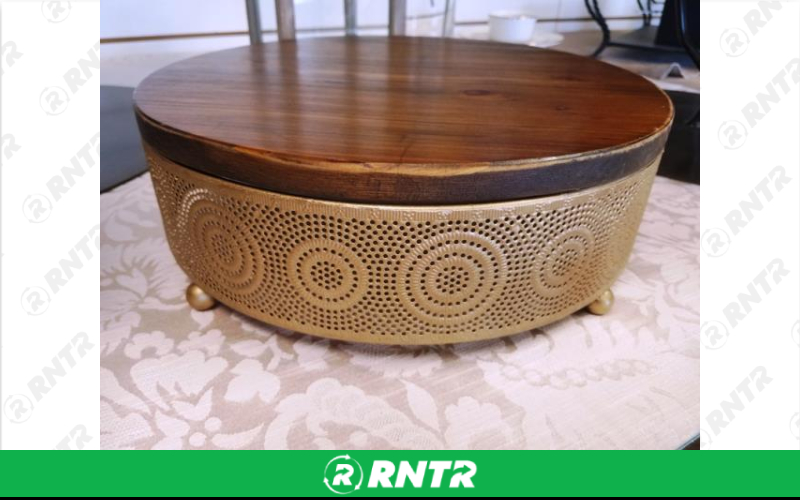 Generic GOLD W/ WOOD TOP 12 RD. CAKE STAND – For rent in Mount Airy, North Carolina – Cooke Rentals MA | RNTR.com – Image 1 of 1