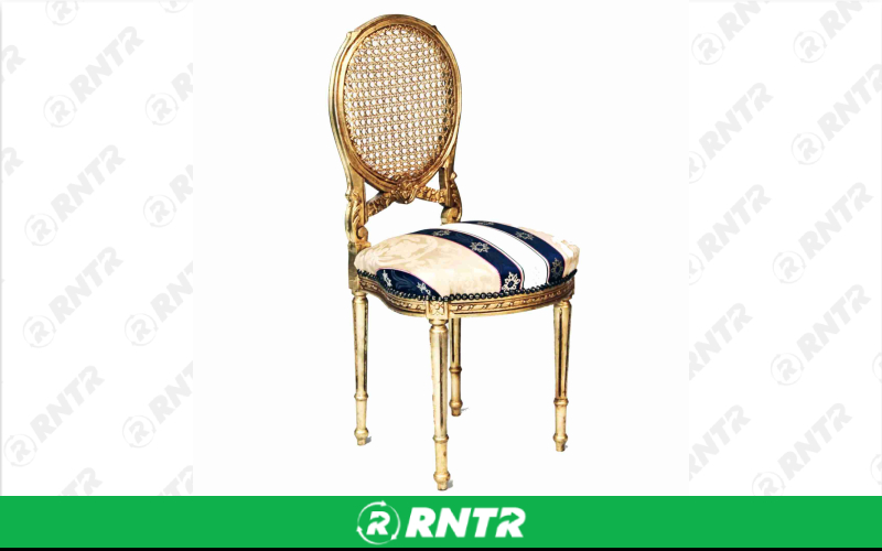 Generic Ornate Ivory with Blue Stripes Accent Chair – For rent in Portland, Oregon – Peter Corvallis Productions | RNTR.com – Image 1 of 1