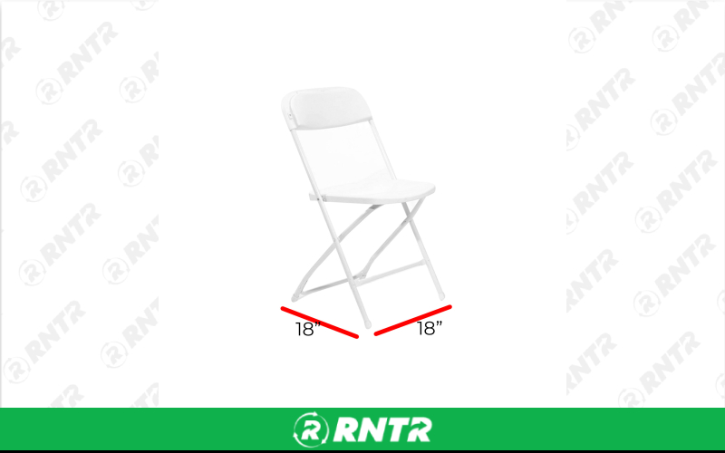 Generic White Plastic Seat on White Metal Frame Folding Chair – For rent in Portland, Oregon – Peter Corvallis Productions | RNTR.com – Image 1 of 2