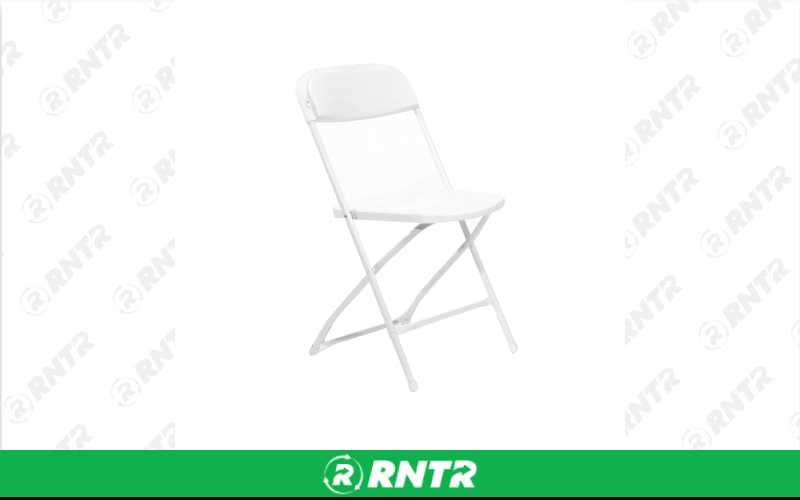 Generic White Plastic Seat on White Metal Frame Folding Chair – For rent in Portland, Oregon – Peter Corvallis Productions | RNTR.com – Image 2 of 2