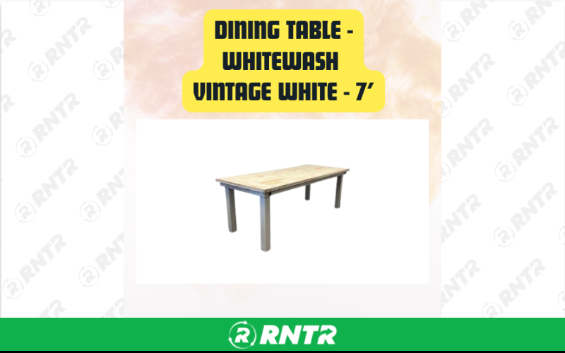 Generic Dining Table Whitewash Vintage White | Farmhouse Event Table 7ft – For rent in san-marcos, california – aras party rentals | RNTR.com – Image 1