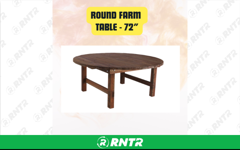 Generic Round Farm Table - Fruitwood Finish Solid Wood Dining Table 72in – For rent in san-marcos, california – aras party rentals | RNTR.com – Image 1