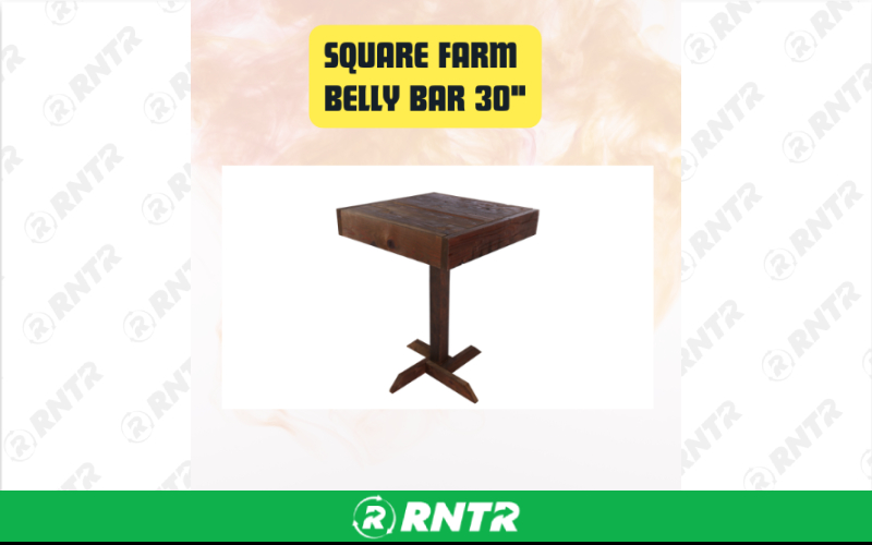 Generic Square Farm Belly Bar Table | Fruitwood Finish 30 – For rent in san-marcos, california – aras party rentals | RNTR.com – Image 1