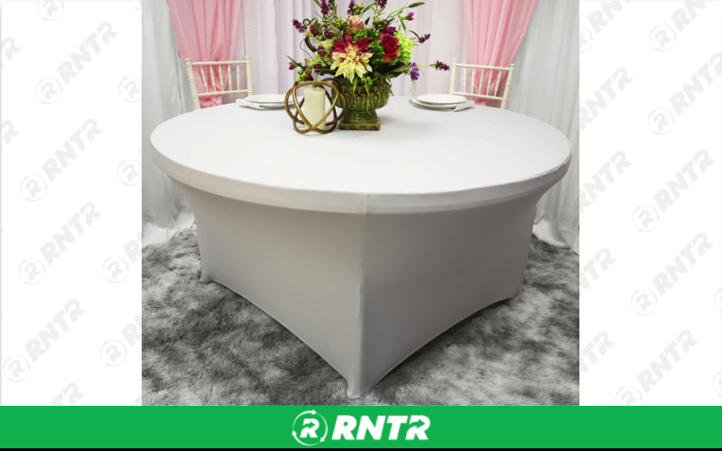 Generic 60 Round Spandex Linen - White – For rent in New Braunfels, Texas – Hill Country Event Rentals | RNTR.com – Image 2 of 2