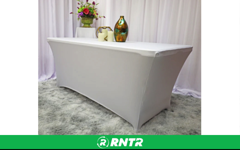 Generic 8' Banquet Spandex Linen - White – For rent in New Braunfels, Texas – Hill Country Event Rentals | RNTR.com – Image 2 of 2